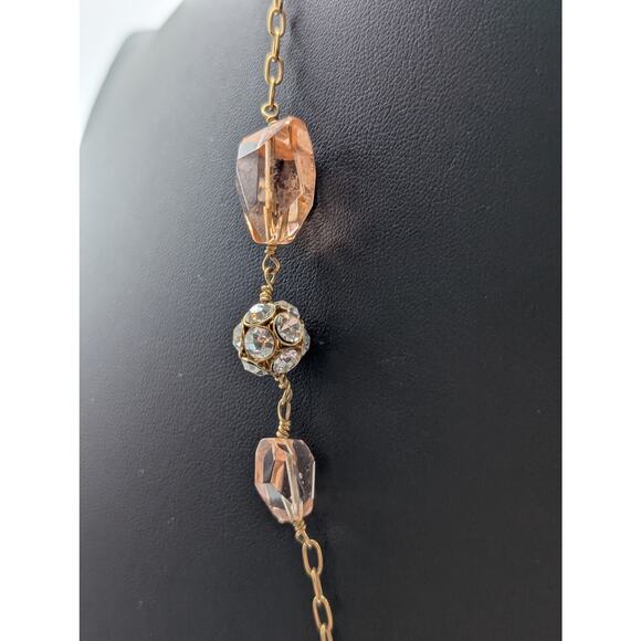 Signed J. Crew Peach Crystal Rhinestone Ball Gold Tone Chain 32" Necklace - Picture 2 of 8